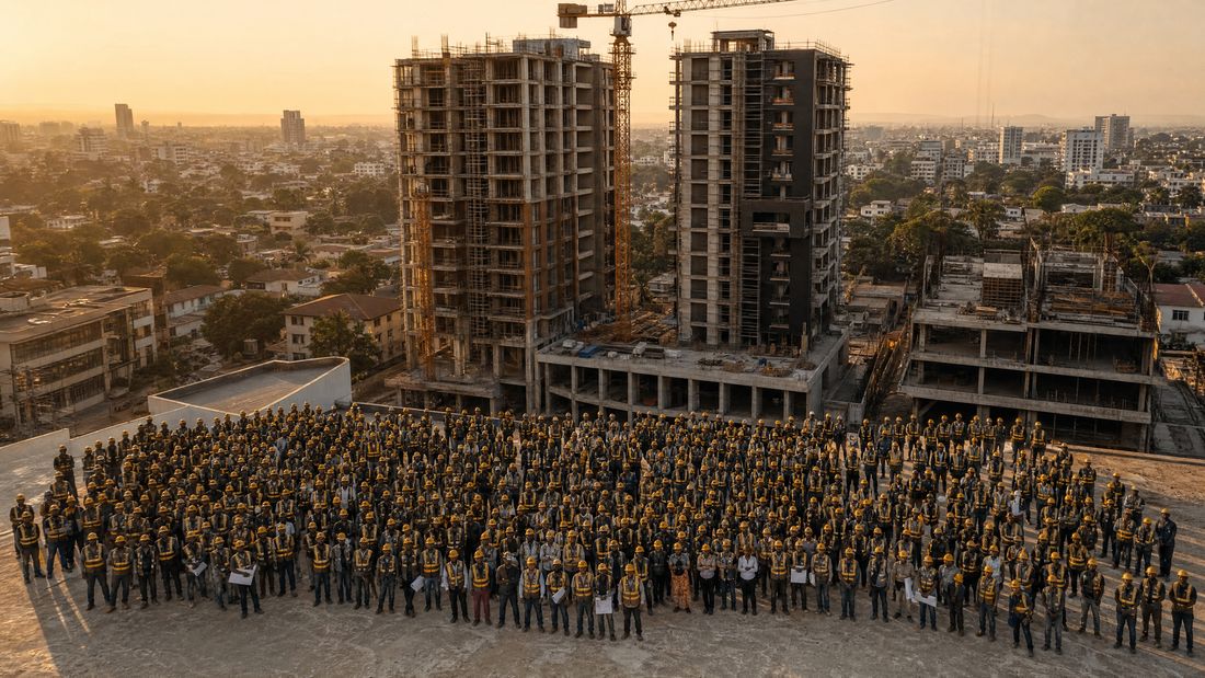 The site workforce assembled in front of the towers at the end of a working day