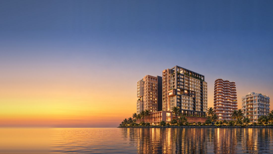 Grand Mirage, Mirage Residence and Turquaz Residence shown together as a composite skyline at sunset